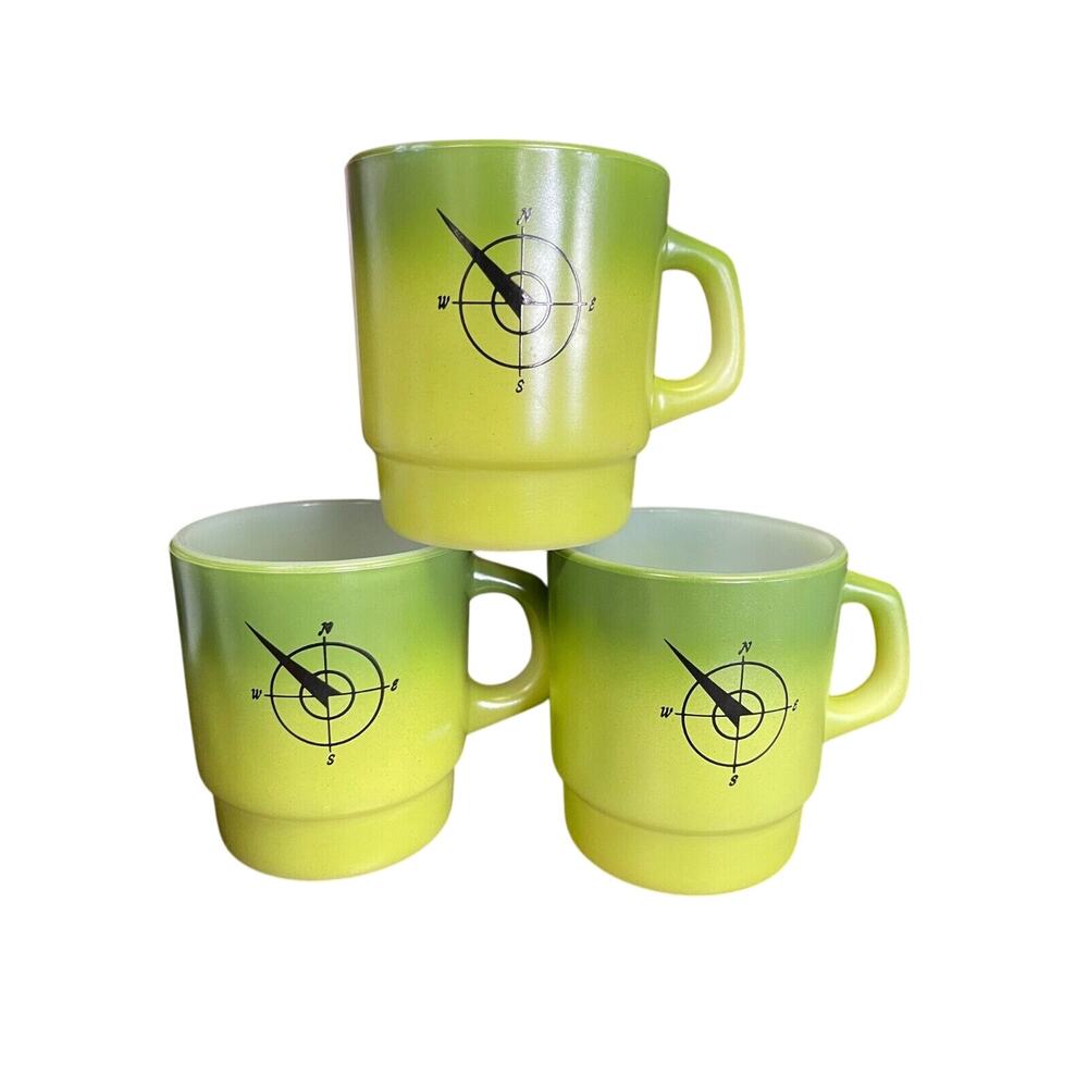 Anchor Hocking Fire King Stackable Mugs‎ Green Yellow Ombre Compass Nautical 3
